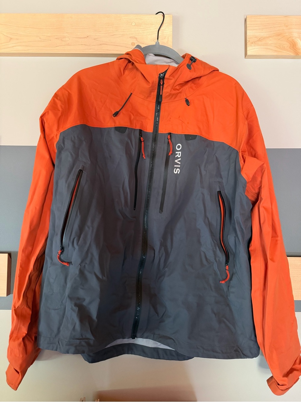 Orvis Orange and Gray Waterproof Hooded Rain Jacket